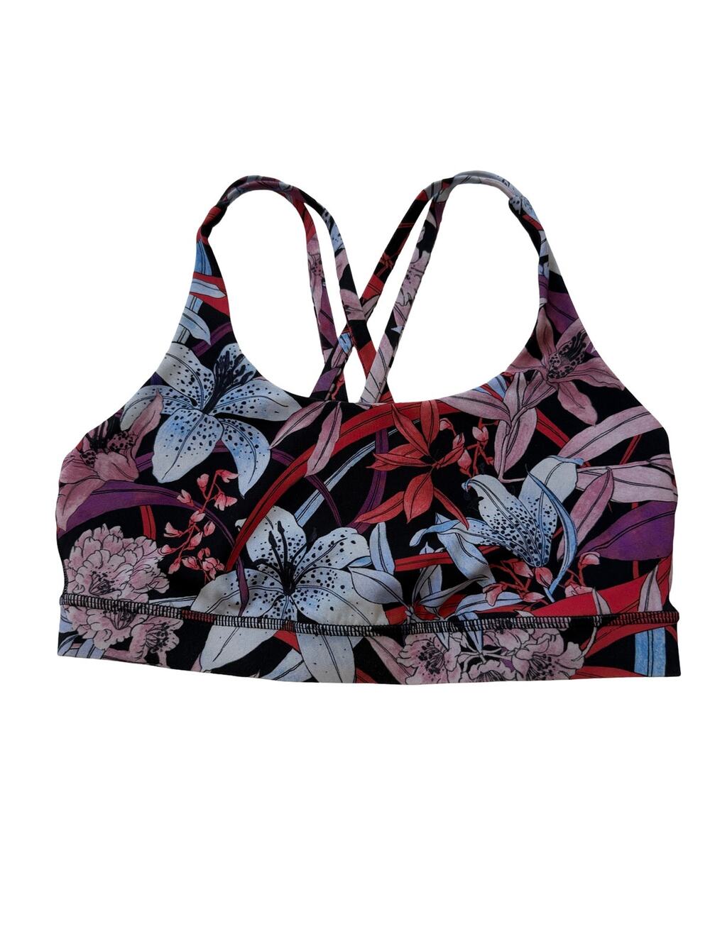 Lululemon Energy Bra Long Line Foliage Overlay Multi Floral Strappy Sz 8 NO PADS